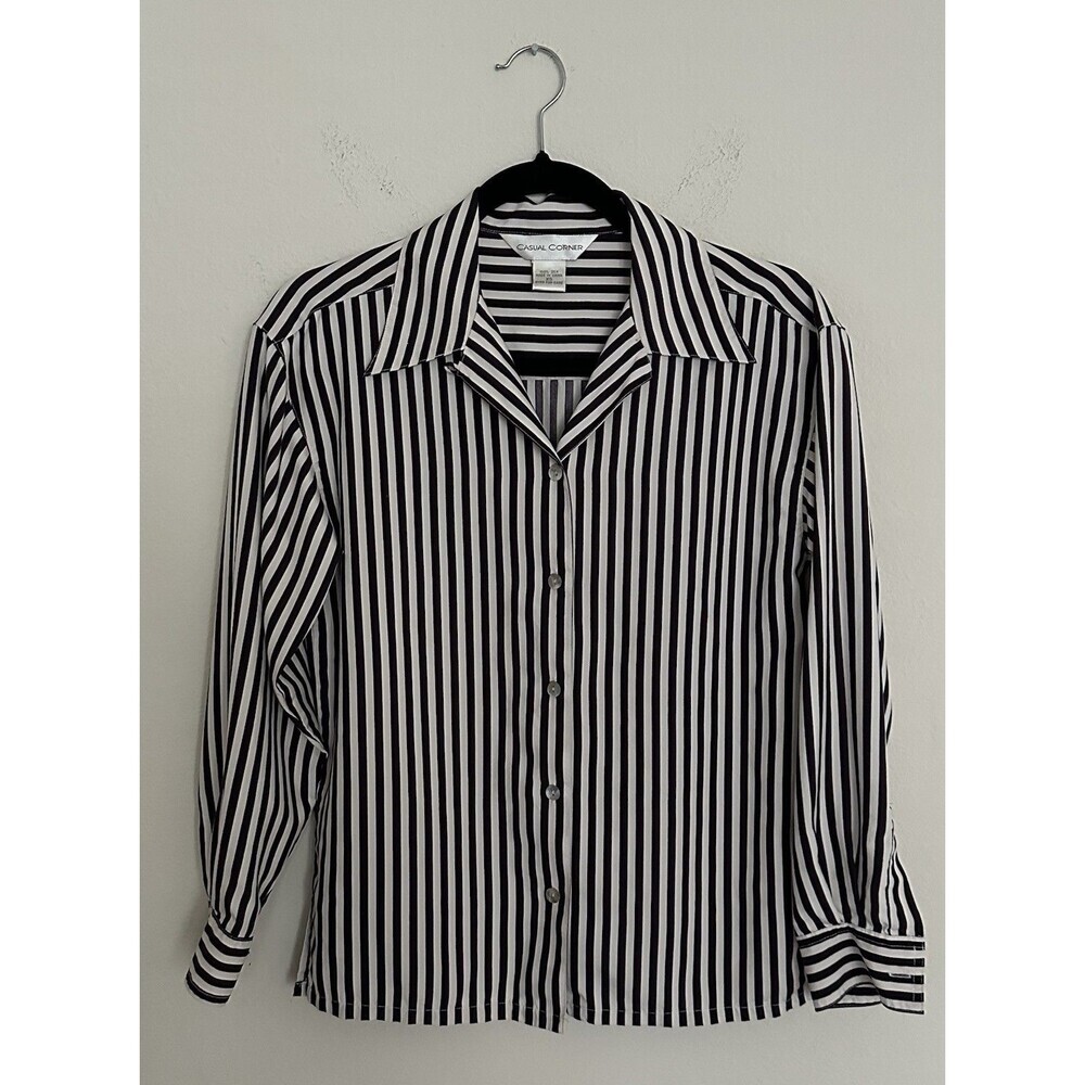 Vintage 100% Silk Casual Corner Womens Top Size XS Black White Stripe Button-Up - Picture 4 of 15